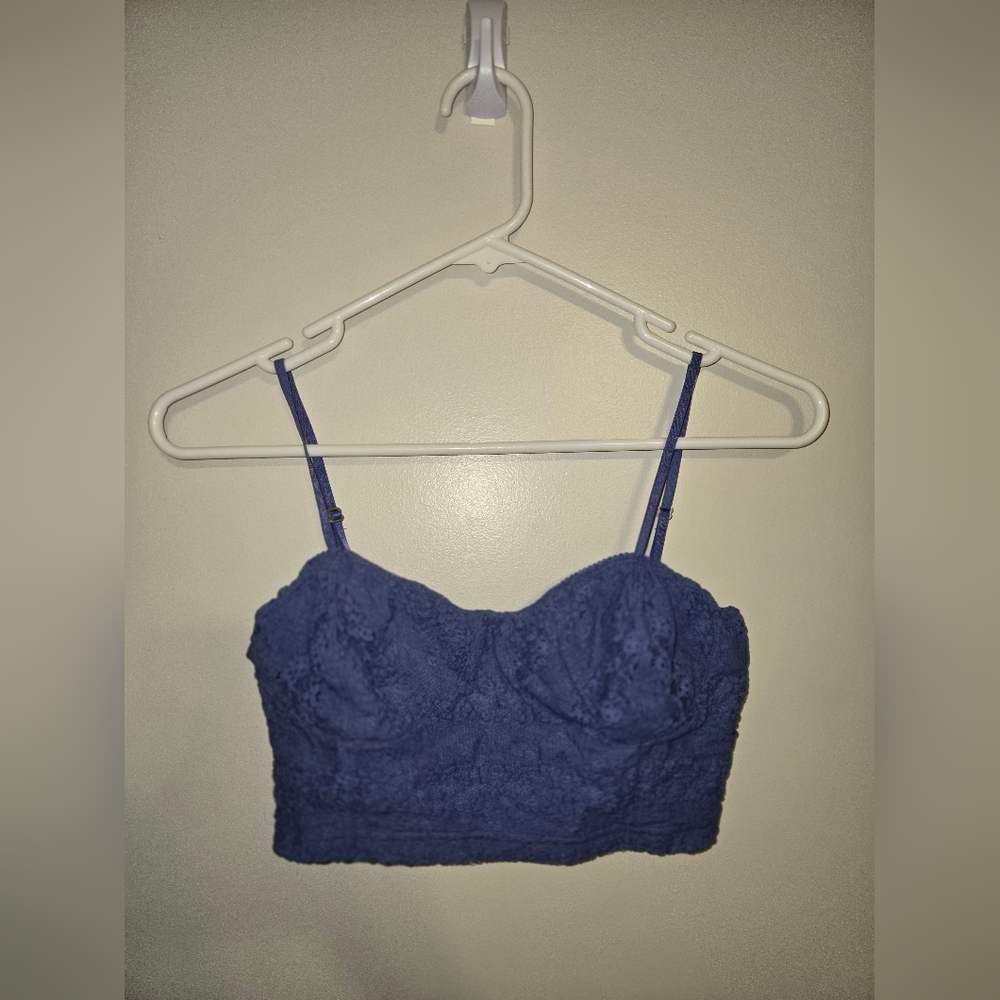 Womens Vintage Y2K Frenchi Crop Top Periwinkle Elegant Floral Lace Size Small